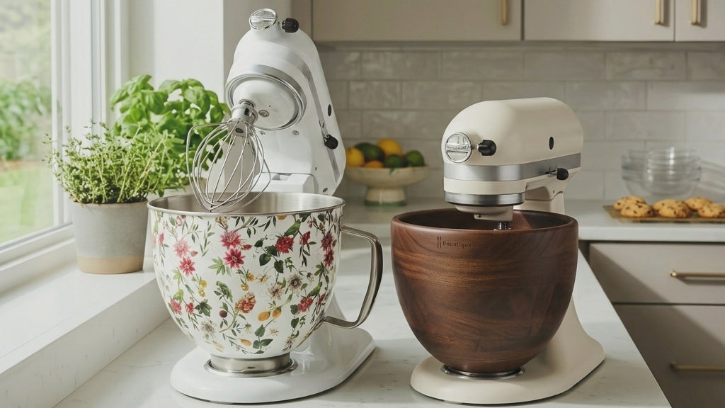 Two stand mixers on a white kitchen countertop: a white mixer with a floral-patterned bowl and a cream-colored mixer with a dark wood bowl, set against a modern kitchen background.