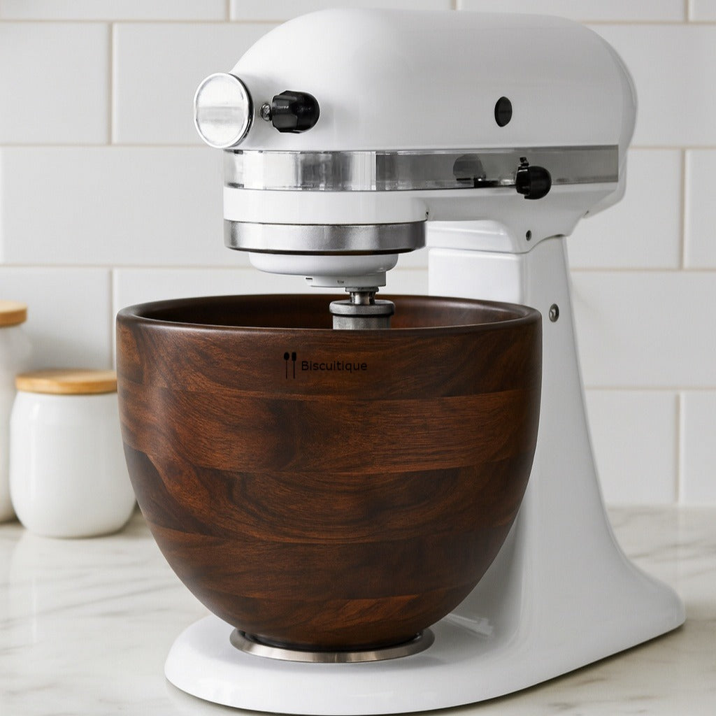 Biscuitique Premium Solid American Walnut Wood Mixing Bowl Compatible with Kitchen Aid Tilt-Head Models 4.5 Quart and 5QT Stand Mixer